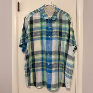 Tommy Bahama Men's 100% Linen S/S Button-Front Shirt XXL/2XL Plaid Logo